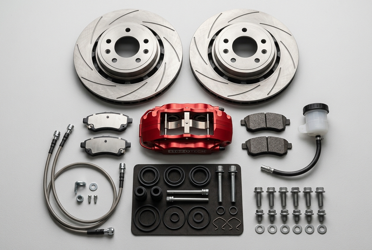 Комплект тормозных запчастей: диски, колодки, суппорт, шланги, ремкомплект