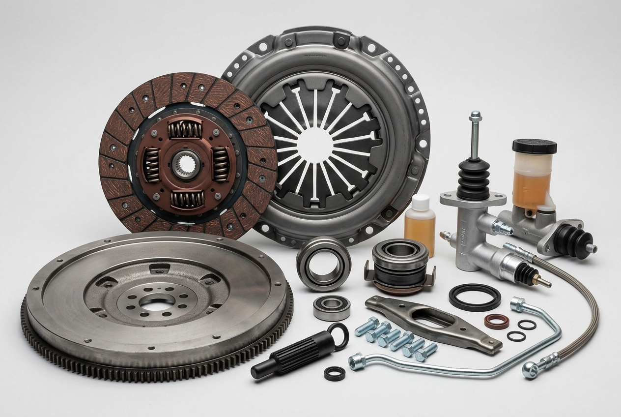 Детали сцепления: диск, корзина, выжимной подшипник, маховик